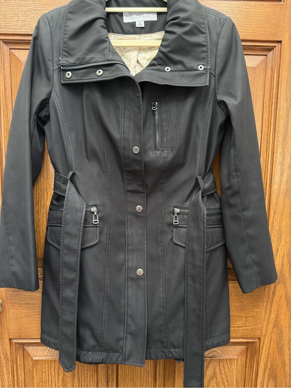 Women’s Black Belted Trench Coat with High Collar